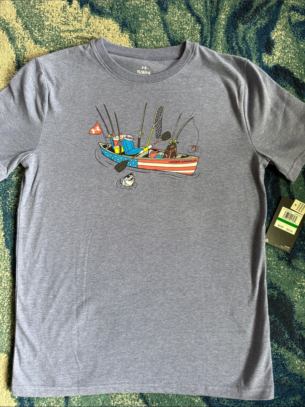 New Boys Under Armour Gray Short Sleeve Tee with Fishing Boat Graphic Boys Large